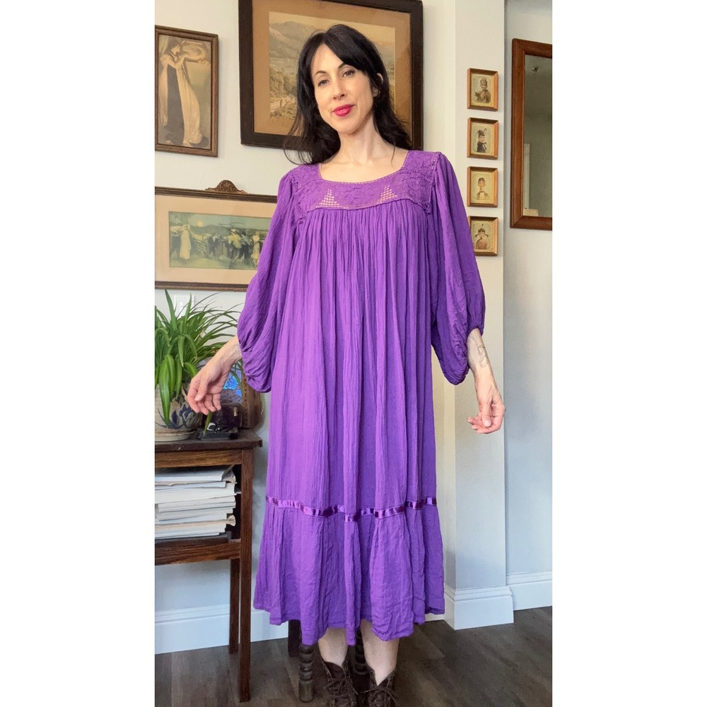 Vintage 70s 80s Purple Cotton Dress Crochet Lace Lantern Sleeve Boho Peasant 2X